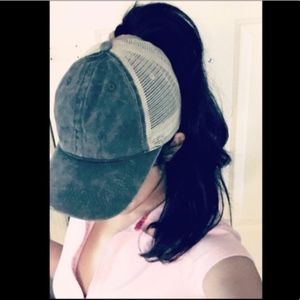 High ponytail distressed grayish green trucker cap